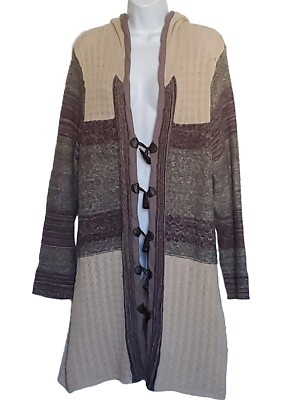 7th Ave 2X Hood Toggle Buttons Cable Knit Pockets Cotton Blend Long Sweater