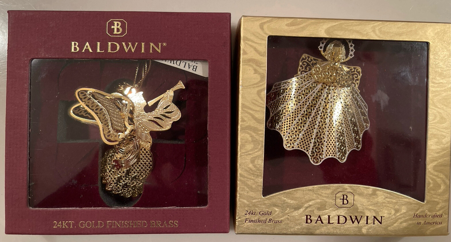 2 Baldwin Brass Christmas Ornaments 24kt Gold Finish Angels Heralding