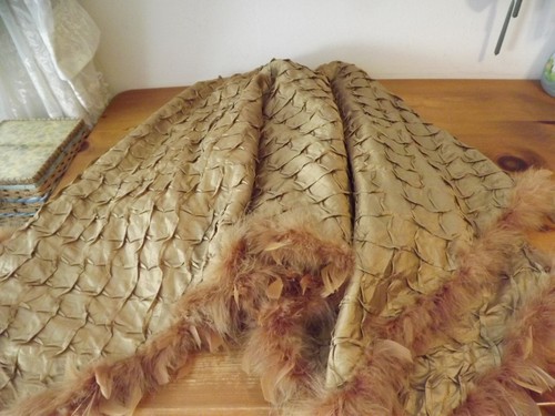 58" square GOLD CHRISTMAS TREE SKIRT Neiman Marcus feather trim FAUX SILK - Picture 14 of 21