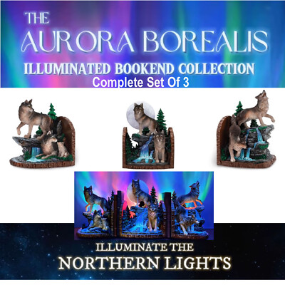 Aurora Borealis Illuminating Wolf Bookend Collection Bradford Exchange Set of 3