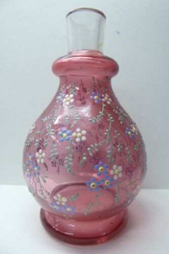 ANTIQUE VICTORIAN CRANBERRY GLASS ENAMEL DAISY FLOWER DECORATED VASE