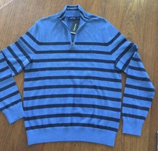 NAUTICA Men  s Sweater MEDIUM Quarter Zip Blue Striped Cotton Blend NWT 70USD