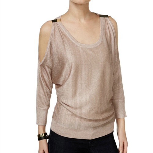 Metallic Cold Shoulder Sweater Women's Sz Large Gold Bar Accents INC - Picture 2 of 14