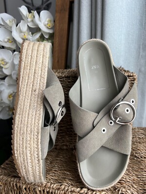 ZARA Sandalen Schuhe Größe EU 40 UK 7 Wildleder Kreuzriemen Pantoletten Sandalen 