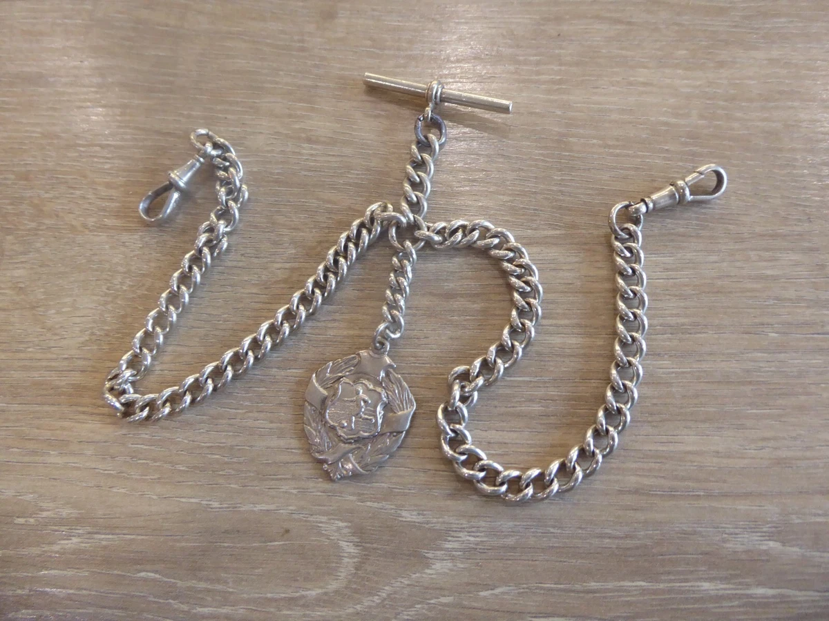 GOOD ANTIQUE SOLID STERLING SILVER DOUBLE ALBERT POCKET WATCH CHAIN FOB