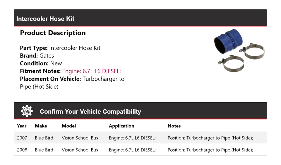 Kit de manguera intercooler para autobús escolar Blue Bird Vision 2007-2008 puertas Foto 2 de 3