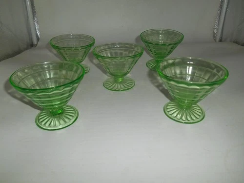 5 Anchor Hocking Uranium Green Block Optic Depression Glass Footed Sherbets