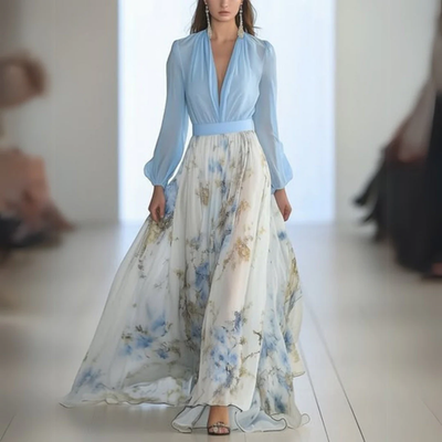 #ad Aurora Elegant Floral Chiffon Long Sleeve Maxi Dress for Wedding Guest $24.64