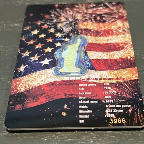 2025 Niue 4th of July Statue of Liberty Shaped 1/1000 oz .9999 Gold Coin in Card