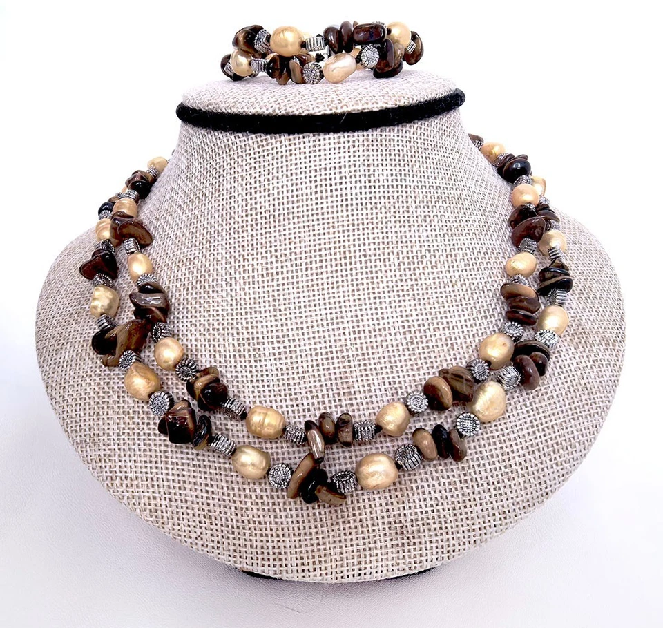 Juego de pulsera collar ojo de tigre astilla perla agua dulce amarilla 2 filas 17"-18" Foto 2 de 4