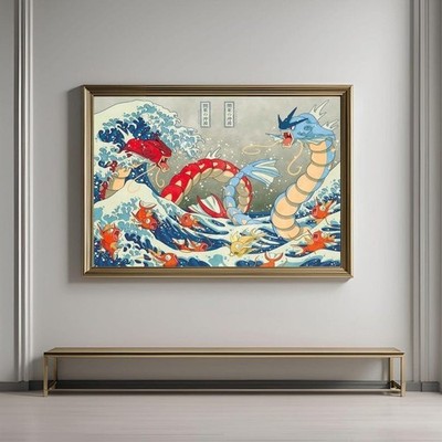 Pokemon Gyarados, Magikarp Poster , Hokusai Kanagawa Great Red Wave 
