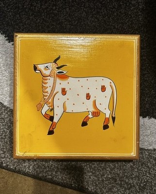 Hand Painted Wood Chowki - Cow