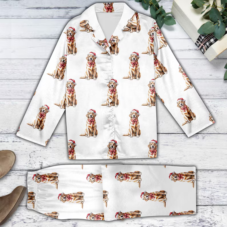 Unisex Christmas Dog Pajama Set Golden Retriever Print Top & Pants Sleepwer
