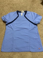 URBANE Women's L Short Sleeve Scrub Top Light Blue with Navy Trim front pockets 