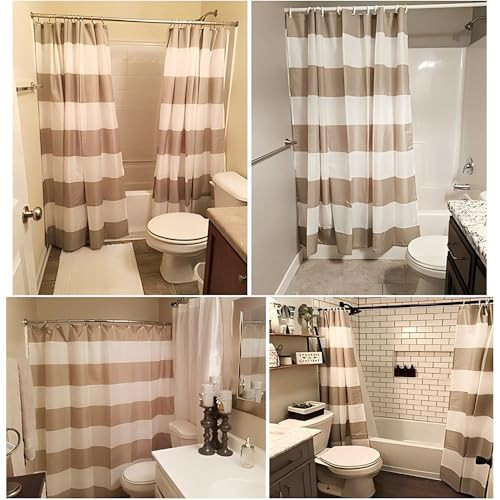 Shower Curtain Set Taupe Tan Cream Stripes Waterproof Fabric Bathroom Curtains - Picture 5 of 7