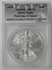 2014 MS-70 FIRST DAY OF ISSUE #407 OF 16,569 ANACS SILVER EAGLE EAGLE LABEL