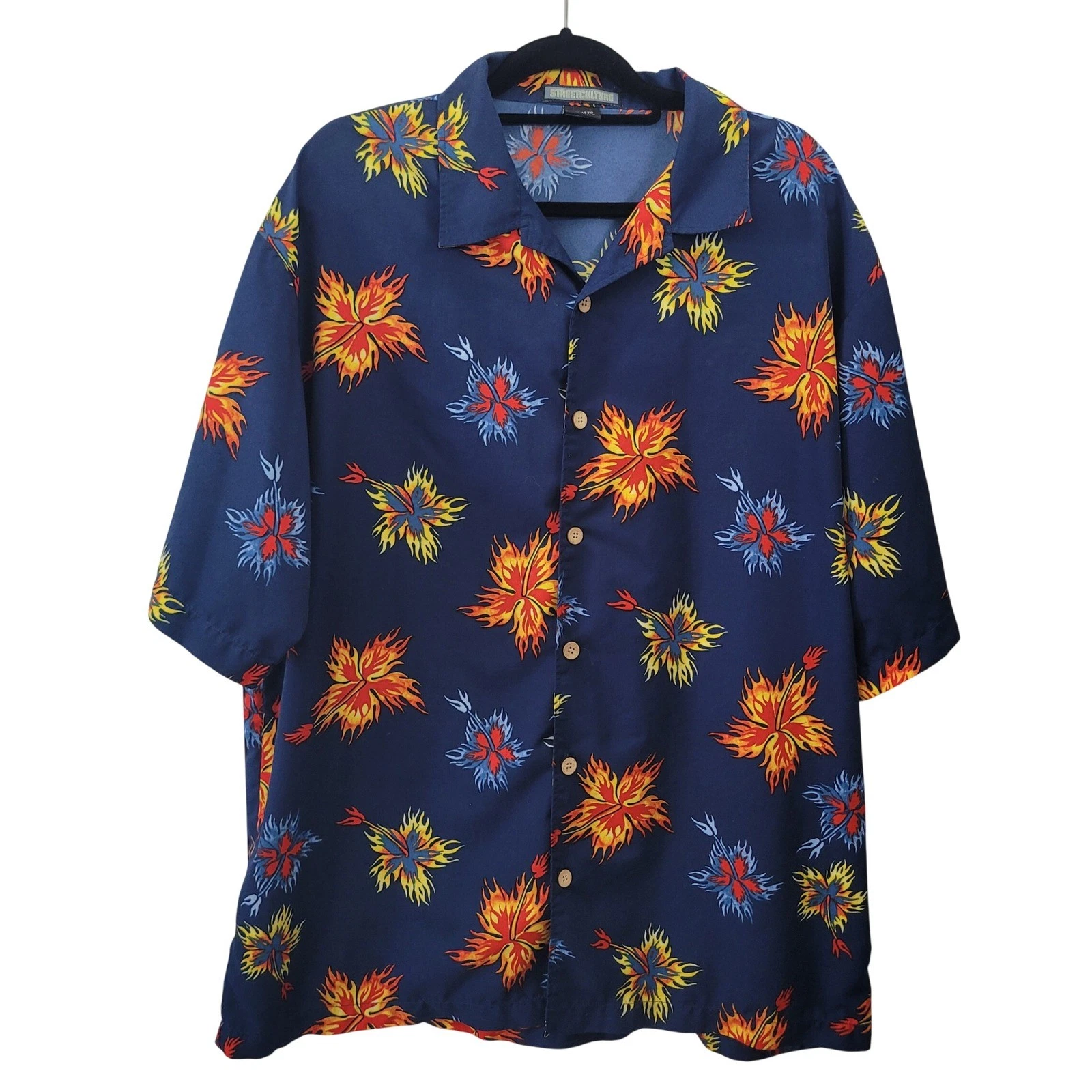 Street Culture Mens XXL Button Up Shirt Navy Floral Flame Print Short Sleeve