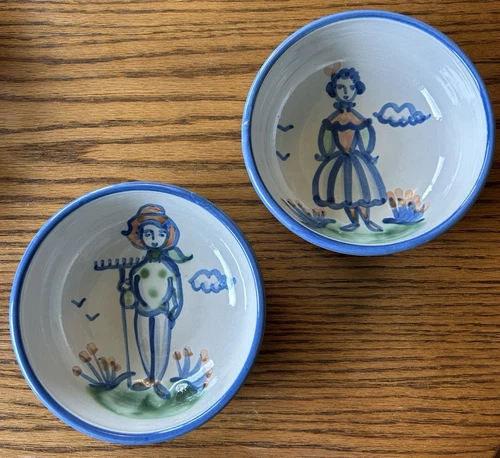 MA Hadley Stoneware Pottery 2 Bowls Farmer Wife Scene Signed