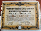 Germany 1923 Bayer Munchen 1 Milliarde Mark Uncancelled Bond Loan Anleihe Stock