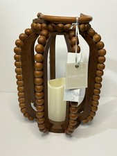 Shabby Chic Wooden Beaded  Lantern With Fixed Electric Candle.