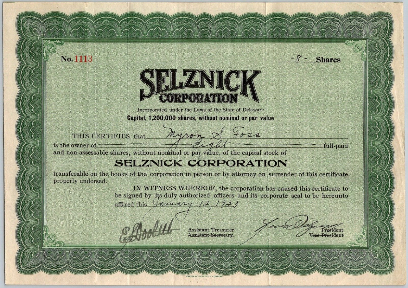 Selznick Corporation 1923 Stock Certificate Movie Film Signed by Lewis Selznick