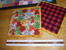 Handmade hot pads,multicolored bows, red and black plaid, set of 2