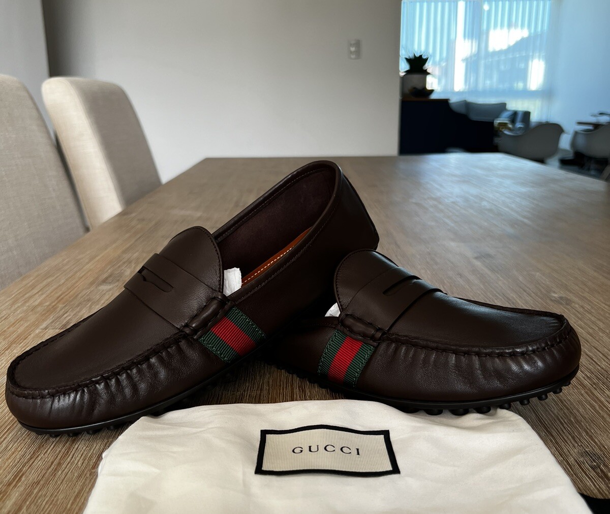 Men’s Gucci Web Accent Leather Drivers Moccasin Dark Brown Size 8.5 New no Box! Gucci Web Accent Brown Leather Shoes Gucci Size 8/US 8.5  main image 4