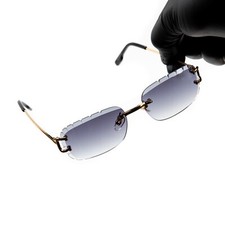 Mens Purple Tint Rimless Hand Carved Diamond Cut Lens Gold Frame Sunglasses