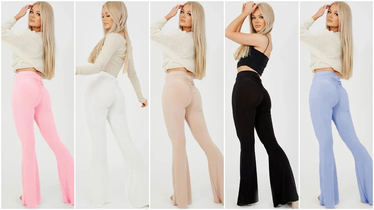 Women Plain Leggings Ladies High Waist Ruched Back Flare Wide Leg