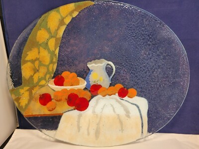 A. Cross Fused Art Glass Apples & Oranges Still Life Large Platter Signed Mint 