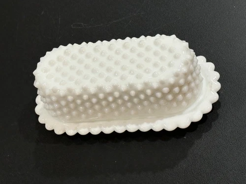 Vintage Fenton Hobnail Milk Glass Covered Butter Dish With Scalloped Edge, VGC