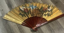 Antique Thick Paper Hand Painted Gold And Flowers Fan With Wood Base. Stunning