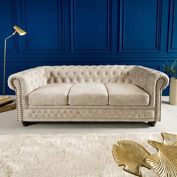 Chesterfield 3Er Sofa 200Cm Samt Champagner 3-Sitzer Mit Knopfheftung&Federkern-image