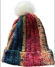 Crochet Ribbed Beanie With Faux Fur Pom Pom - Adult Size Sunset Beach