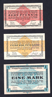 Golzern (Mulde) Kriegsgefangenenlager 10 Pfg. 50 Pfg. 1 Mark 1.2.1916