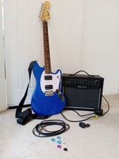 SQUIER by Fender Mustang Blue And Harley Benton HB-20 Amplifier Strap Tuner