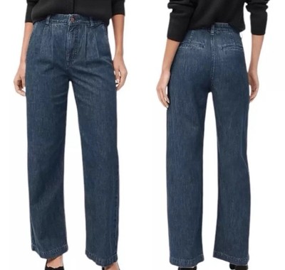 J. Crew Pleated Trouser Jean Women s 28 Wide Leg Dark Blue Denim Careerwear