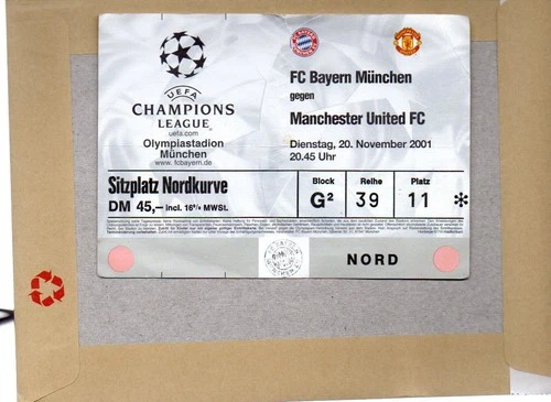 Used Ticket - Bayern Munich v Manchester United 20.11.2001 Champions League