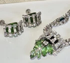 Vntg. Costume Jewelry Necklace Set  Rhodium Emerald Rinestones Carosol Creations