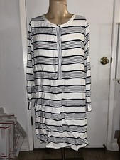 Tara Vince Camuto White Black Ivory Striped Long Sleeve Shirt Dress Women’s Sz L