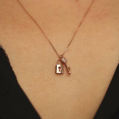 14K Massiv Gold Diamant Schloss und Schlüssel Charm Anhänger Versprechen Schichtung Halskette