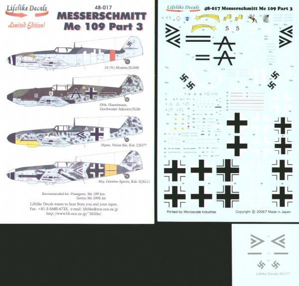 Lifelike 1/48 decal for Messerschmitt Me109 Pt 3 for Hasegawa & Tamiya 48-017 Lifelike 1/48 decal for Messerschmitt Me109 Pt 3 for Hasegawa & Tamiya 48-017