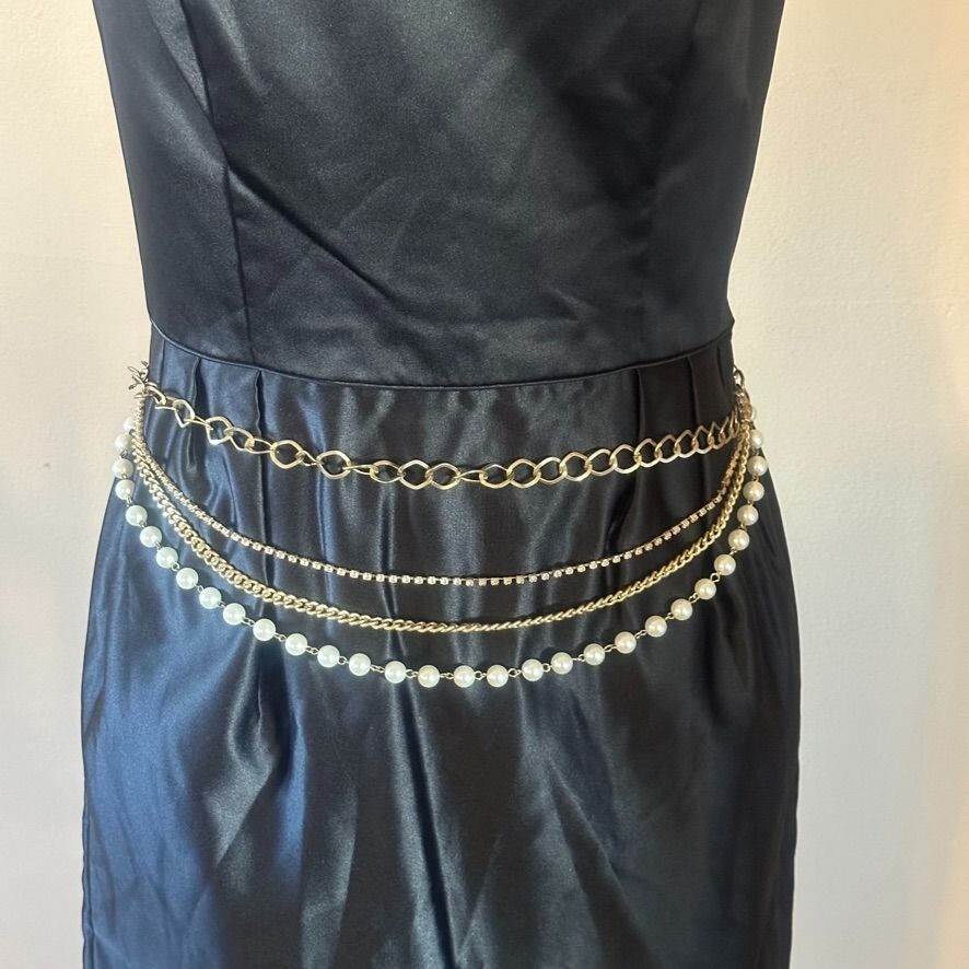 Vtg Pendant Draping Waist Chain Faux Pearl Gold Multi Layer  display picture 2