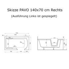Badewanne mit Tür 140x70, 150x75, 160x75, 170x75 und 180x80 cm PAVO