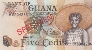 2.1.1977 BANK OF GHANA 5 CEDIS AFRICA **SPECIMEN** (( GEM UNC ))
