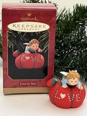 1997 Hallmark Keepsake Ornament LOVE TO SEW Angel on Pin Cushion Quilter Sewing