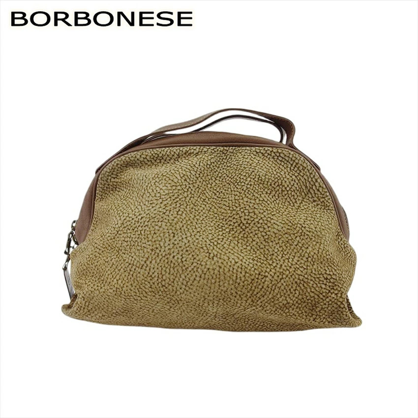 Borsa a mano BORBONESE vintage in camoscio e pelle marrone/beige stampa quagl...