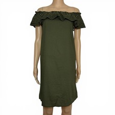 Dorothy Perkins Sz 6 Cotton Dress Off The Shoulder Lace Trim Bardot Olive Green