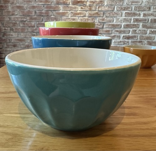 SET of 5 MAYFAIR & JACKSON STONEWARE /HEAVY RIBBED COLORFUL CERAMIC MIXING BOWLS - Foto 7 di 12