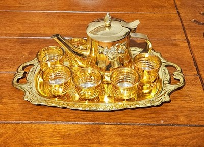 Marokkanisches Mint Teeservice - Golden Messing Teekanne, Tablett & Gläser Geschenkset nie benutzt